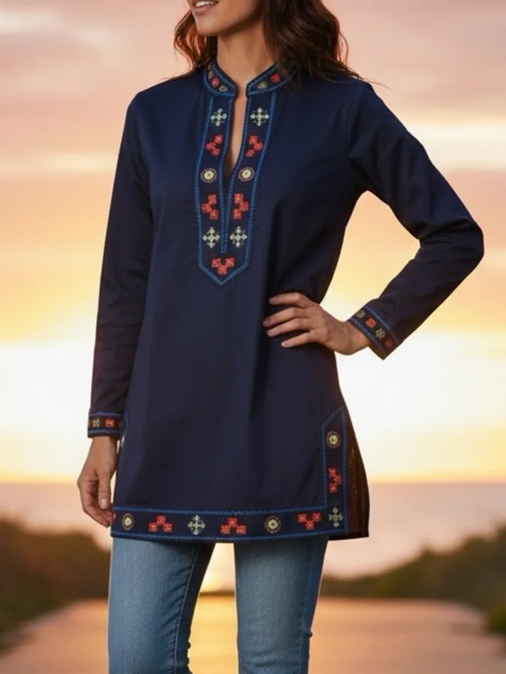 Tory Burch Embroidered Beaded Tunic Top Size 10